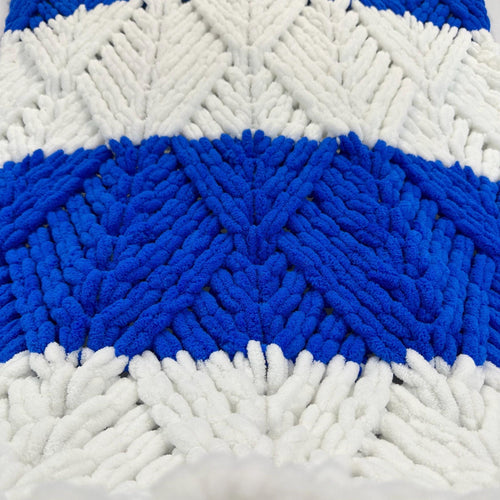 Hand Knitted Chunky Baby Blanket, Blue and White Nursery Decor