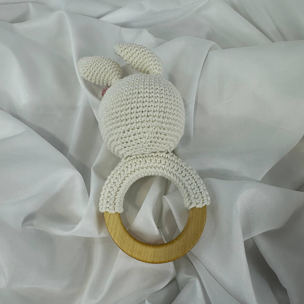 Handmade Crochet Baby Gift Set: Bunny Plush, Wooden Teether, Booties
