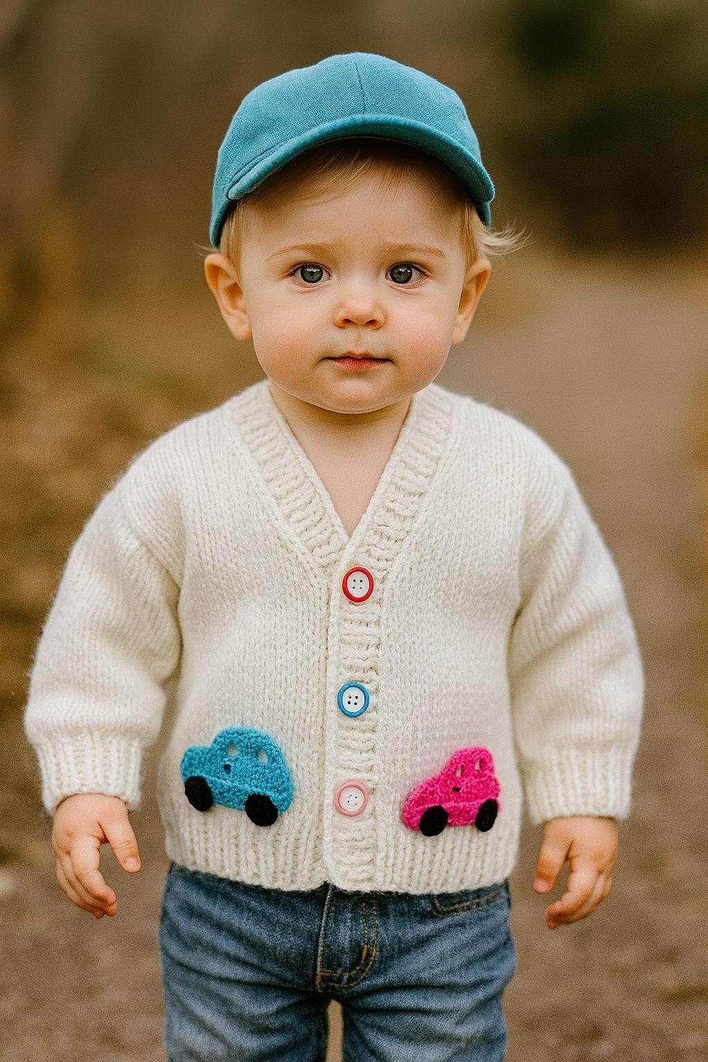 Handmade Knit Baby Cardigan (6-12 Months), Car Appliques