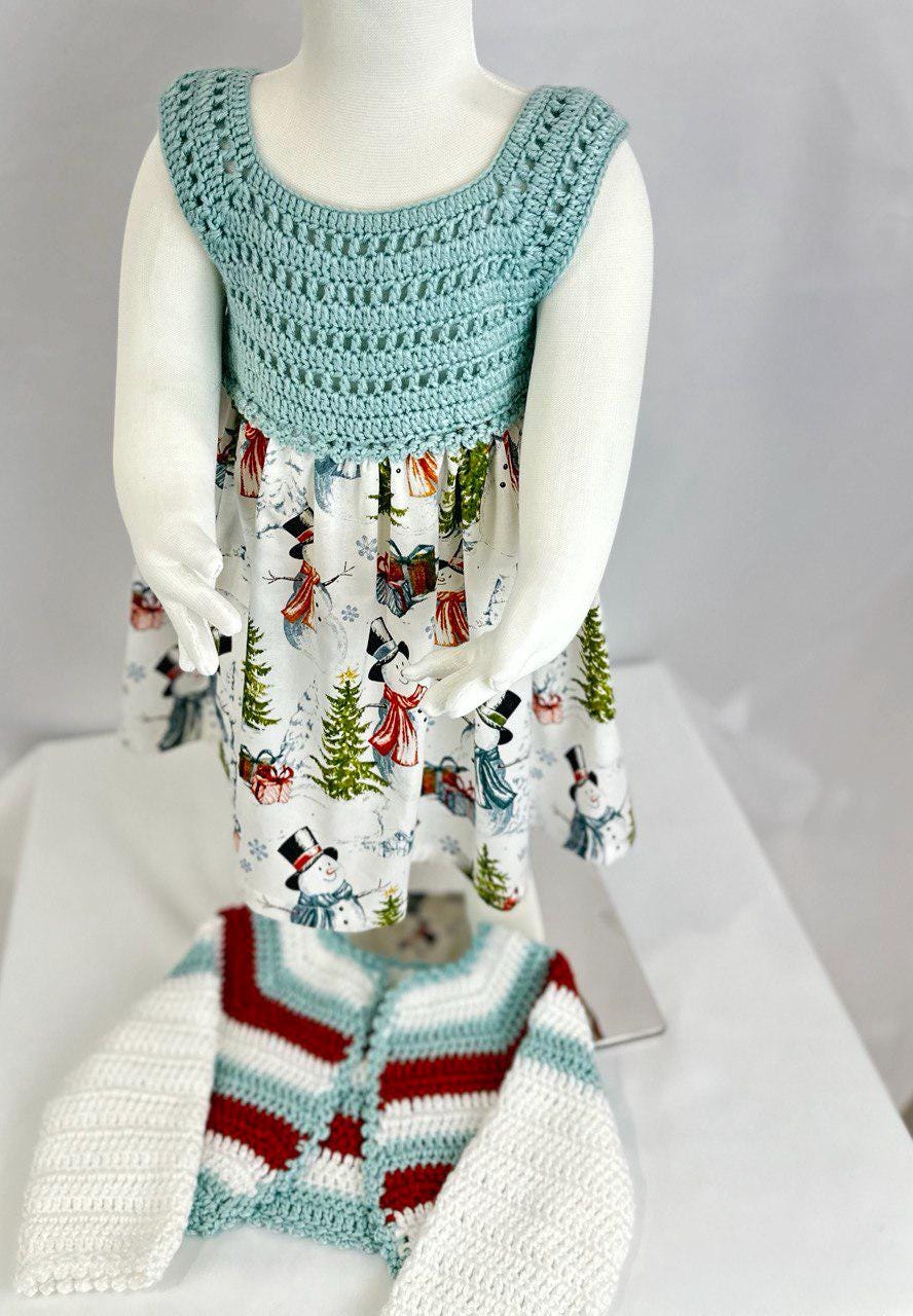 Hand-Knitted Christmas Baby Dress, Snowman Print Cotton Skirt,6-12 Month