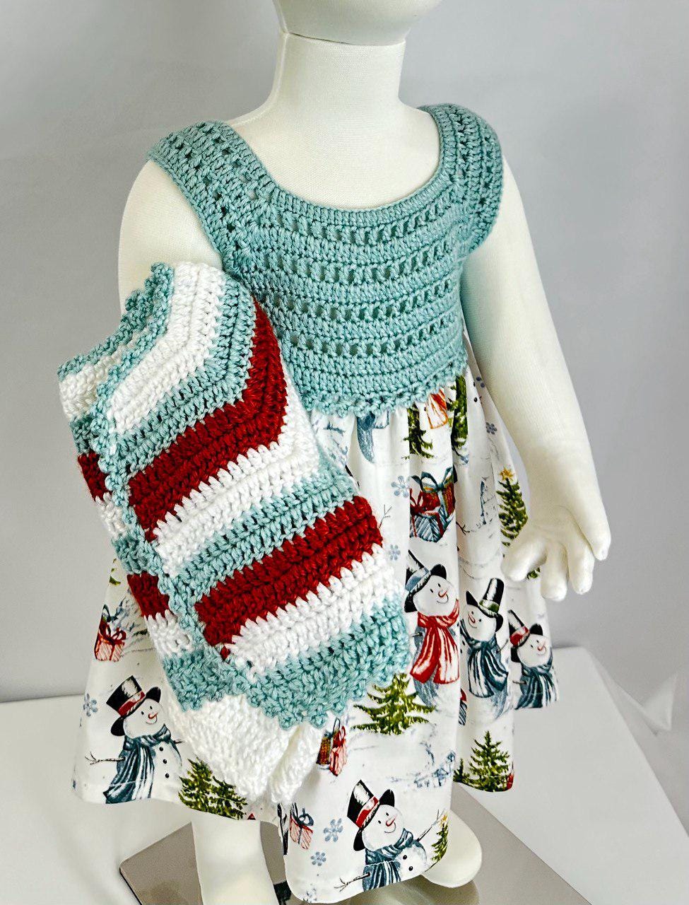 Hand-Knitted Christmas Baby Dress, Snowman Print Cotton Skirt,6-12 Month