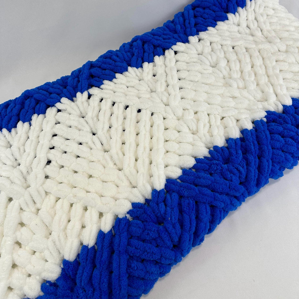 Hand Knitted Chunky Baby Blanket, Blue and White Nursery Decor