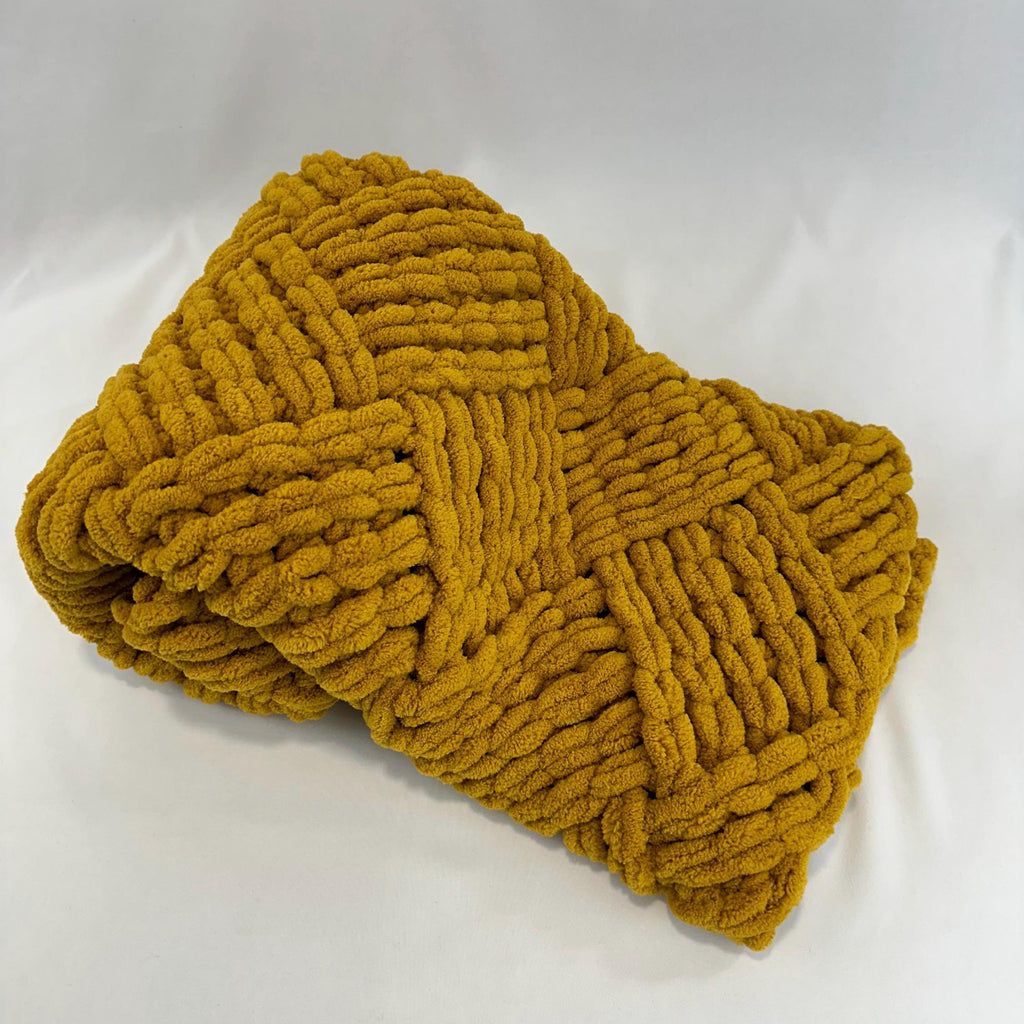 Hand Knitted Chunky Baby Blanket, Mustard Yellow Stroller Blanket