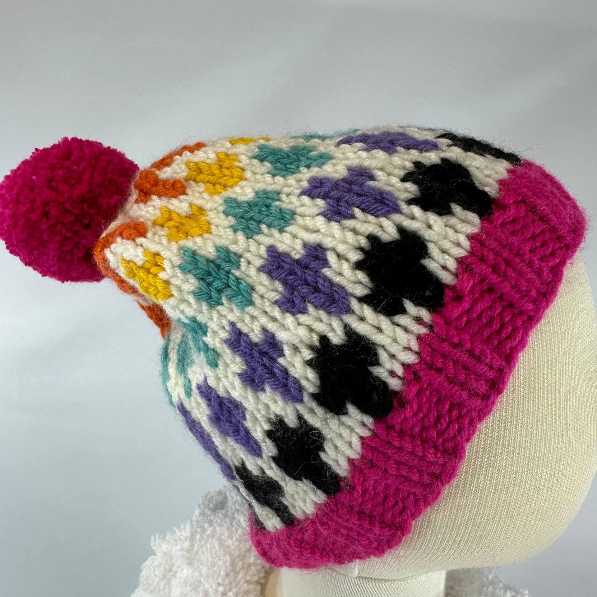 Knitting Colorful Pattern Beanie, Hand knitted Pom Pom Winter Hat