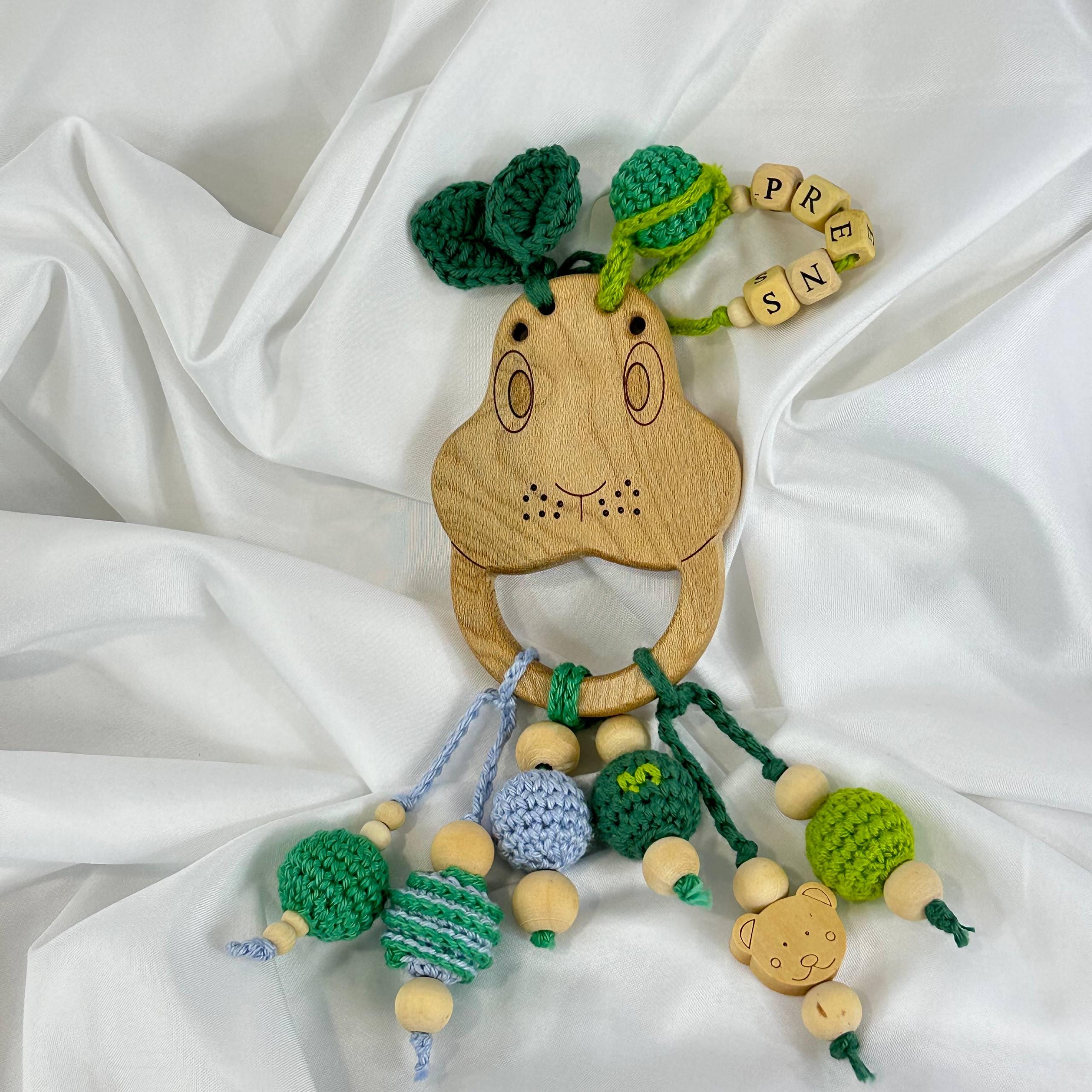 Handmade Crochet Tree Frog Baby Rattle, Wooden Beads and Sensory Toy