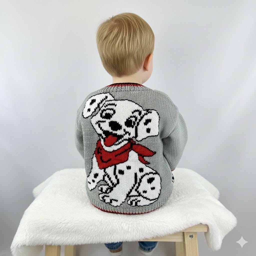 Hand-Knitted Dalmatian Baby Cardigan, Dog Sweater, Grey & Red, 9-18 Month