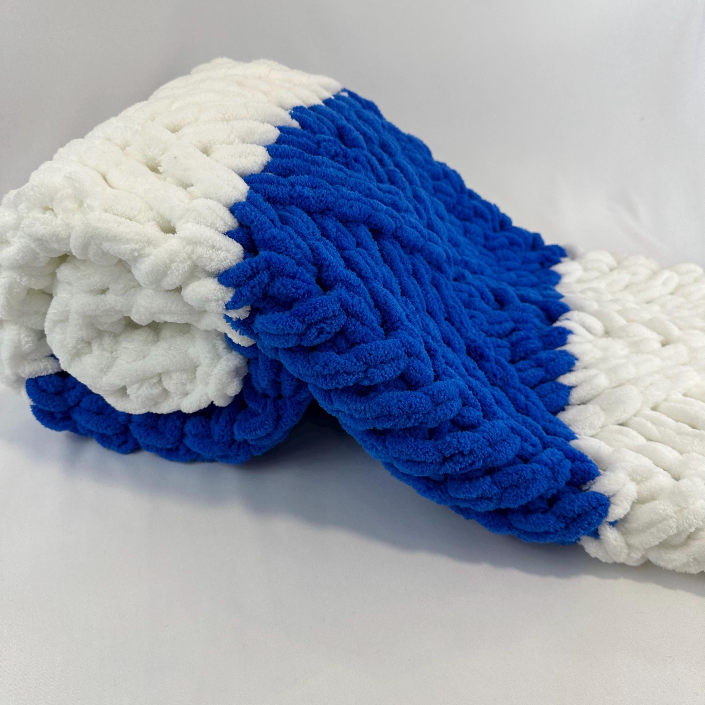 Hand Knitted Chunky Baby Blanket, Blue and White Nursery Decor