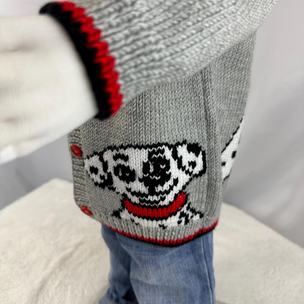 Hand-Knitted Dalmatian Baby Cardigan, Dog Sweater, Grey & Red, 9-18 Month