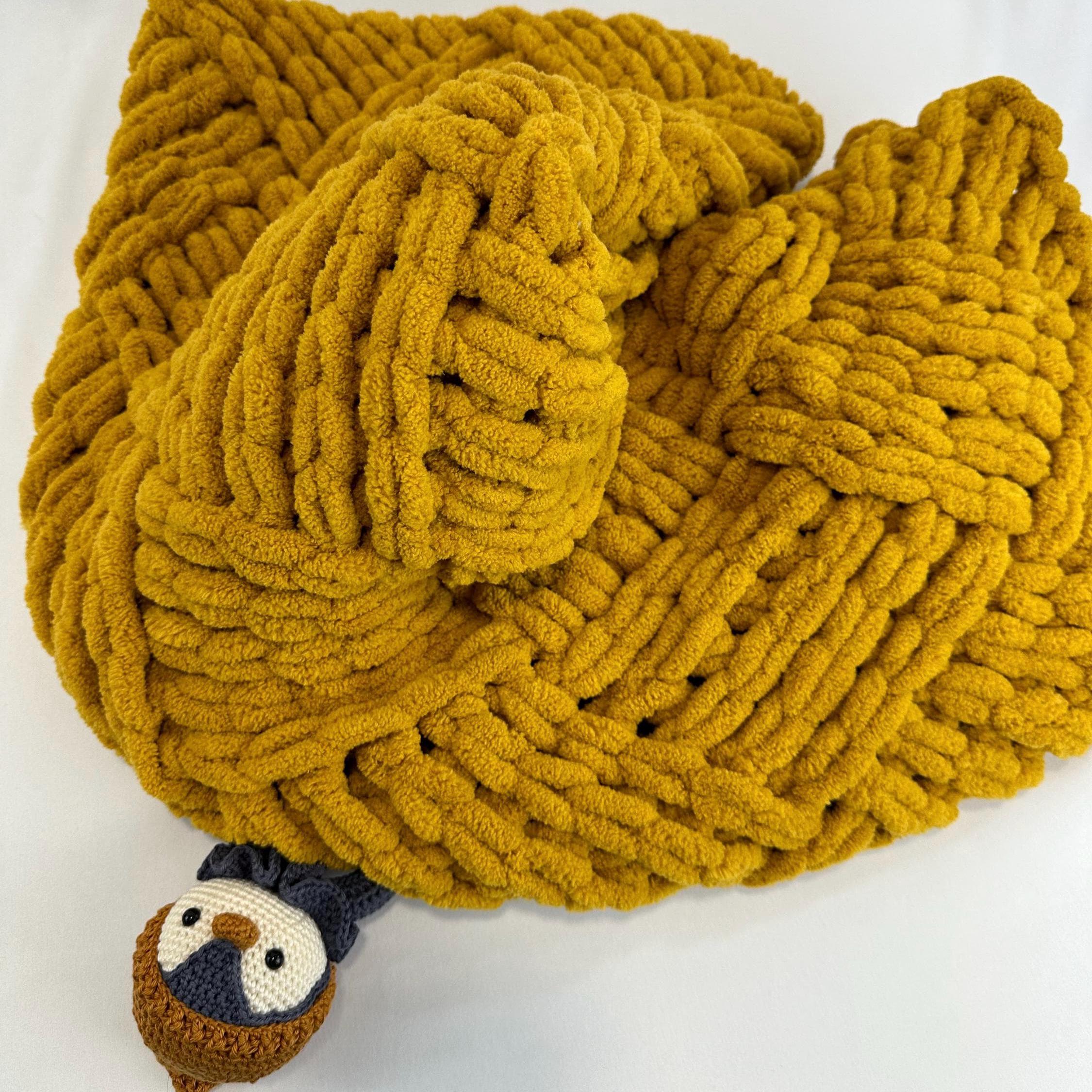 Hand Knitted Chunky Baby Blanket, Mustard Yellow Stroller Blanket