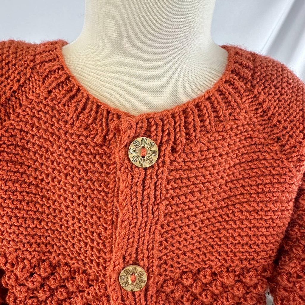 Hand Knit Baby Cardigan, Rust Orange Sweater, Wooden Buttons, 18-24 Month