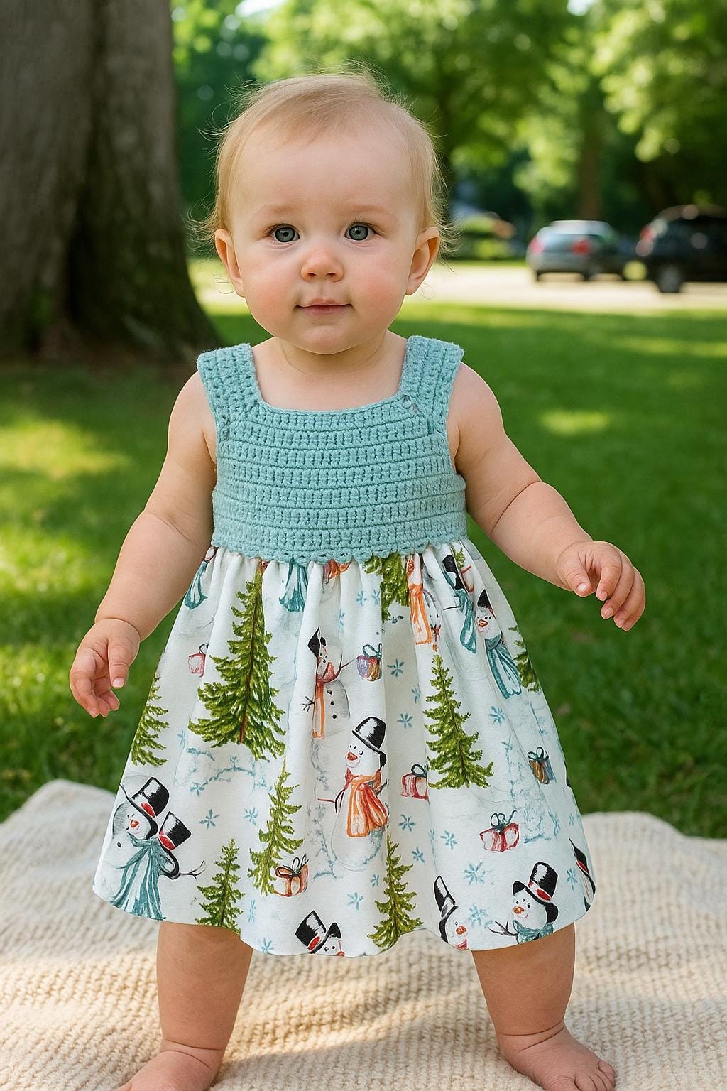 Hand-Knitted Christmas Baby Dress, Snowman Print Cotton Skirt,6-12 Month