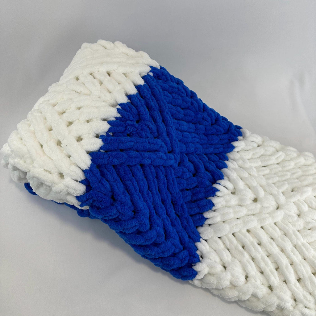 Hand Knitted Chunky Baby Blanket, Blue and White Nursery Decor