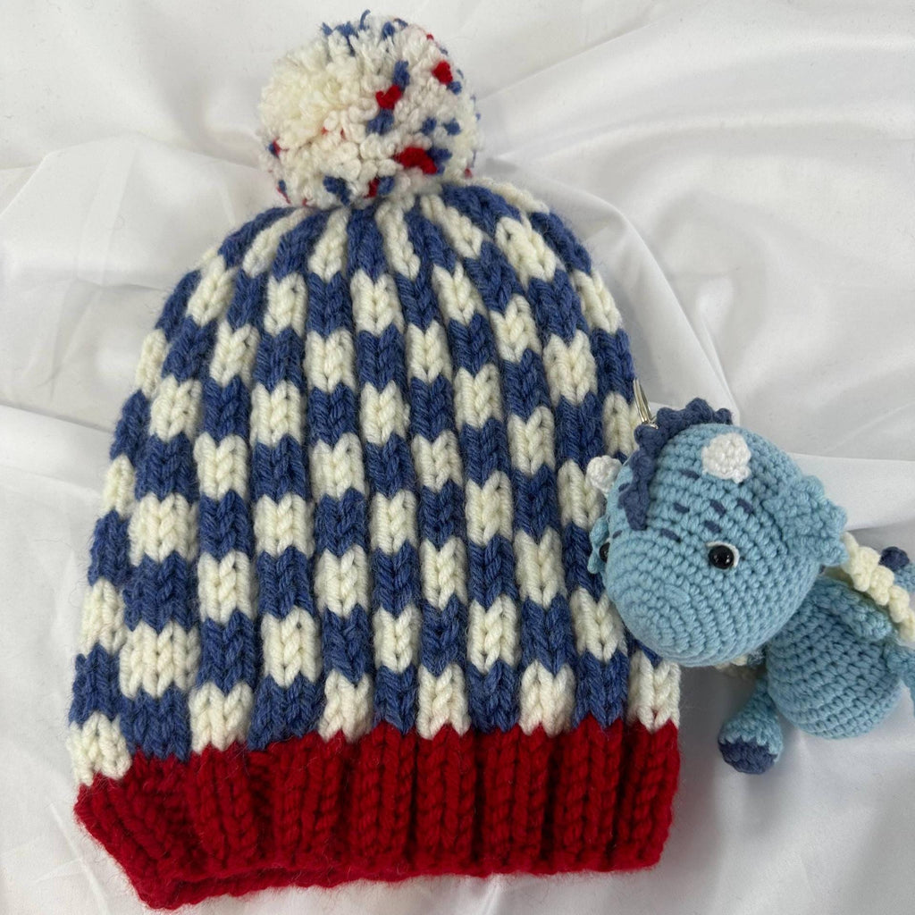 Hand Knitted Red, White, and Blue Pom Pom Beanie, Matching Adult & Kid Hats