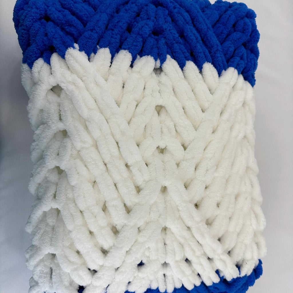 Hand Knitted Chunky Baby Blanket, Blue and White Nursery Decor