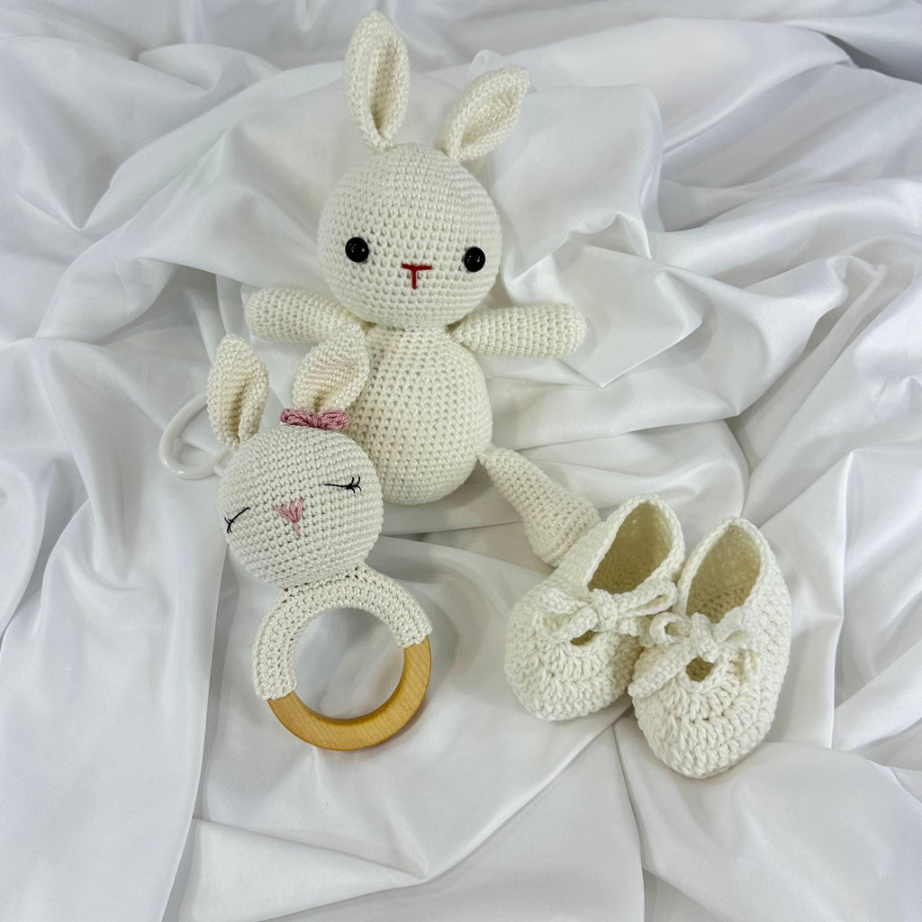 Baby Girl Gift Set, Newborn Bunny Toy + Booties + Teether, Perfect Baby Shower Present
