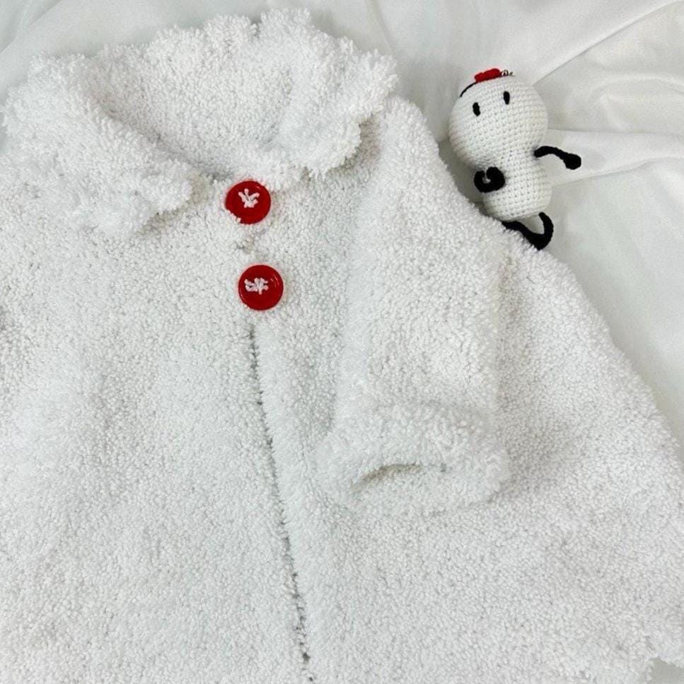 Handmade Knit Toddler Cardigan: Soft White Sweater with Red Button,18-24 month