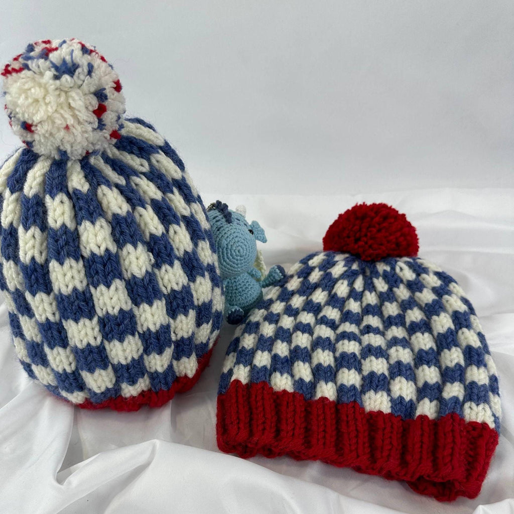 Hand Knitted Red, White, and Blue Pom Pom Beanie, Matching Adult & Kid Hats