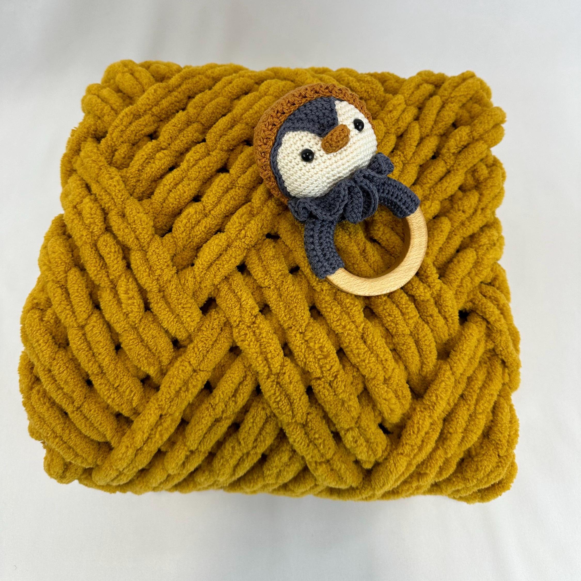 Hand Knitted Chunky Baby Blanket, Mustard Yellow Stroller Blanket