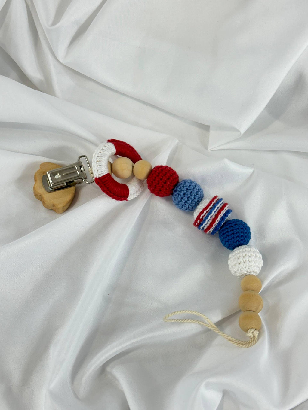 Handmade Crochet Baby Pacifier Clip, Red White Blue Wooden Beads, Sensory Toy for Infants
