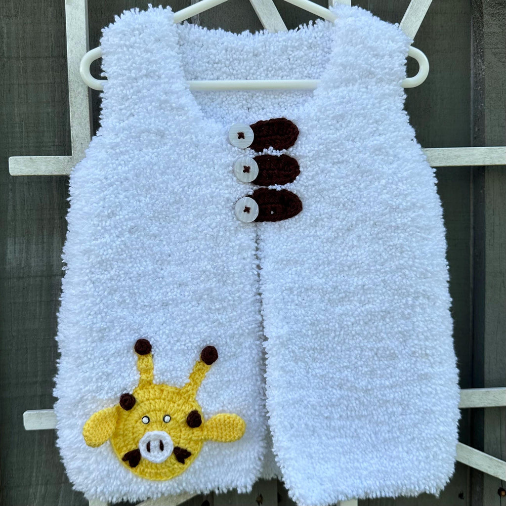 Handmade Fluffy Baby Vest - Soft Crochet with Giraffe Design - 12-18 Month