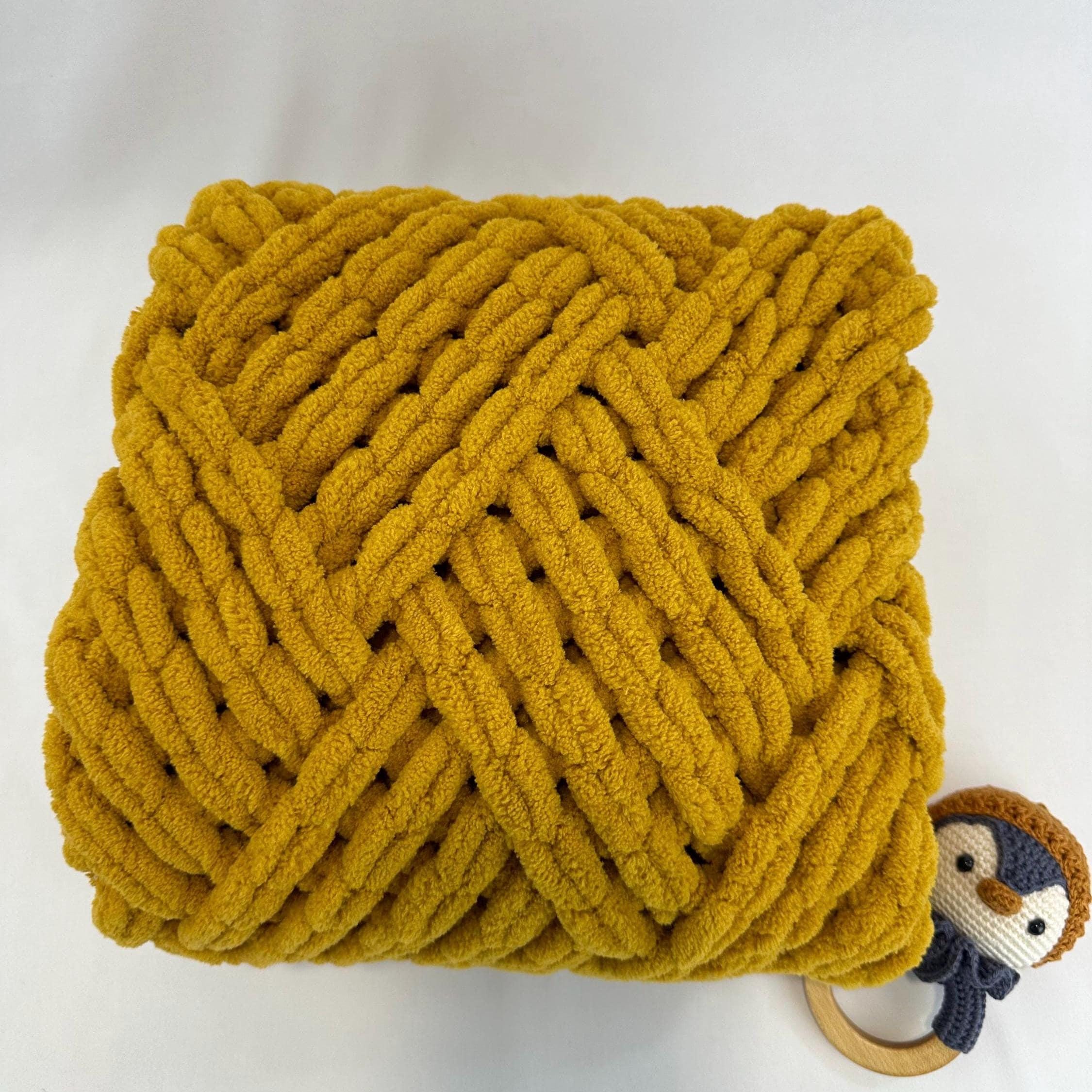 Hand Knitted Chunky Baby Blanket, Mustard Yellow Stroller Blanket
