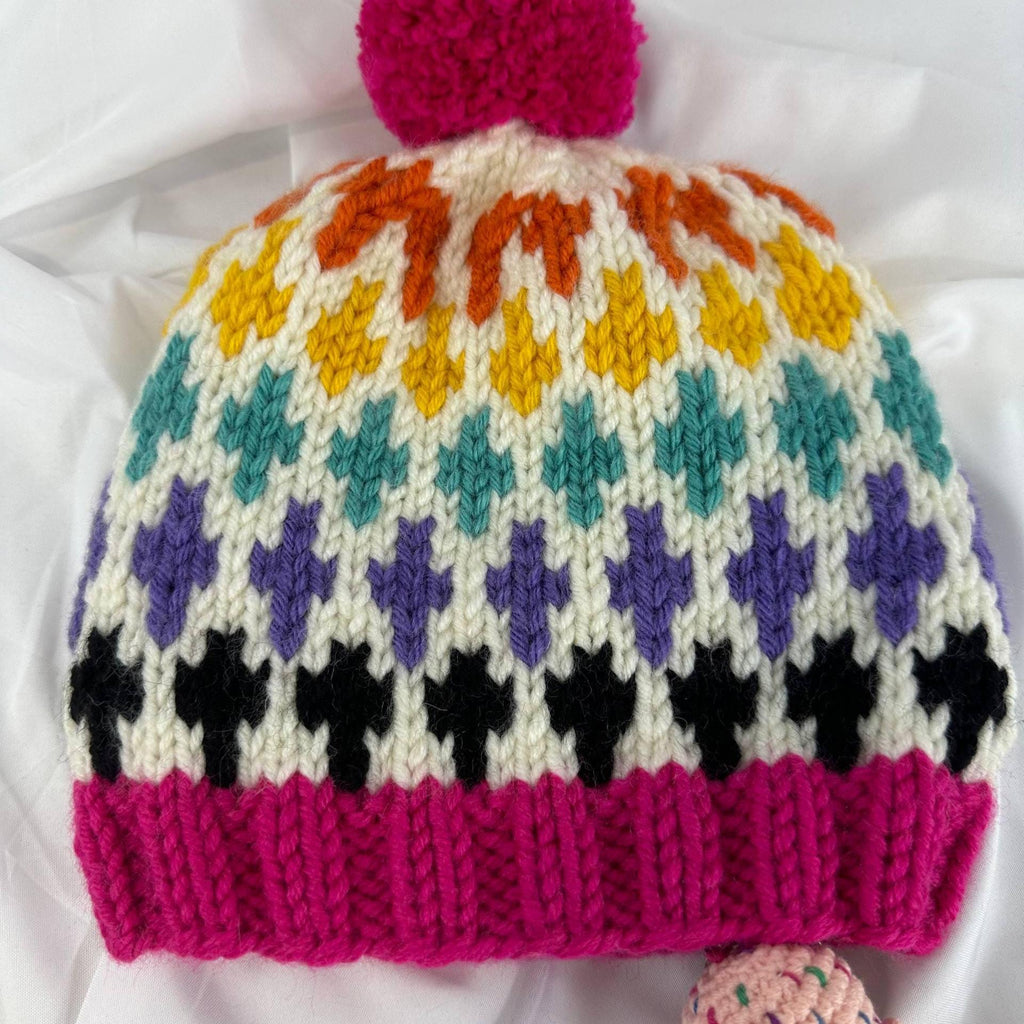 Knitting Colorful Pattern Beanie, Hand knitted Pom Pom Winter Hat