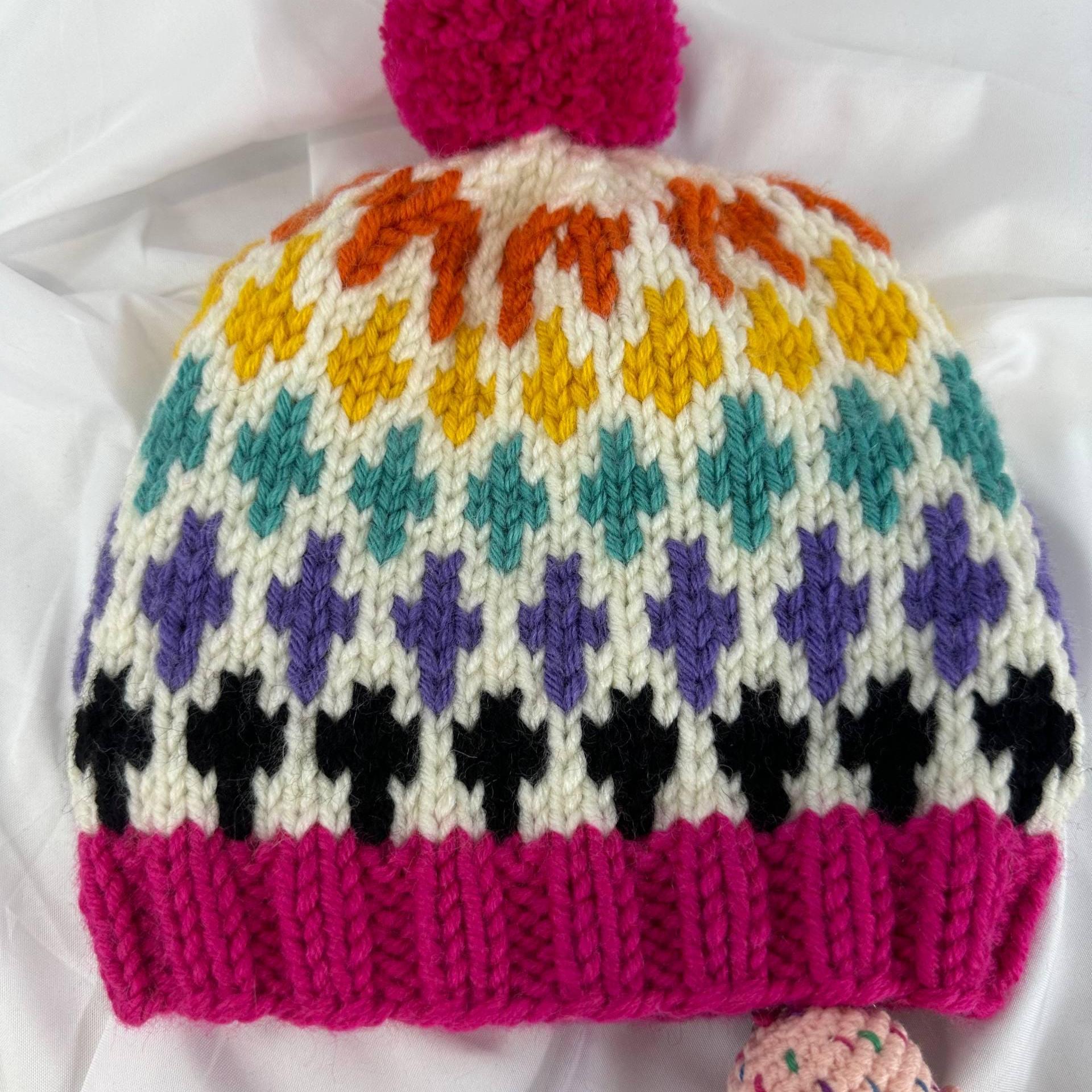 Knitting Colorful Pattern Beanie, Hand knitted Pom Pom Winter Hat