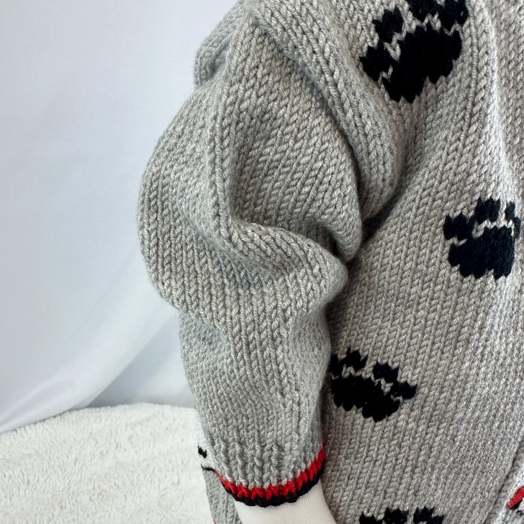Hand-Knitted Dalmatian Baby Cardigan, Dog Sweater, Grey & Red, 9-18 Month
