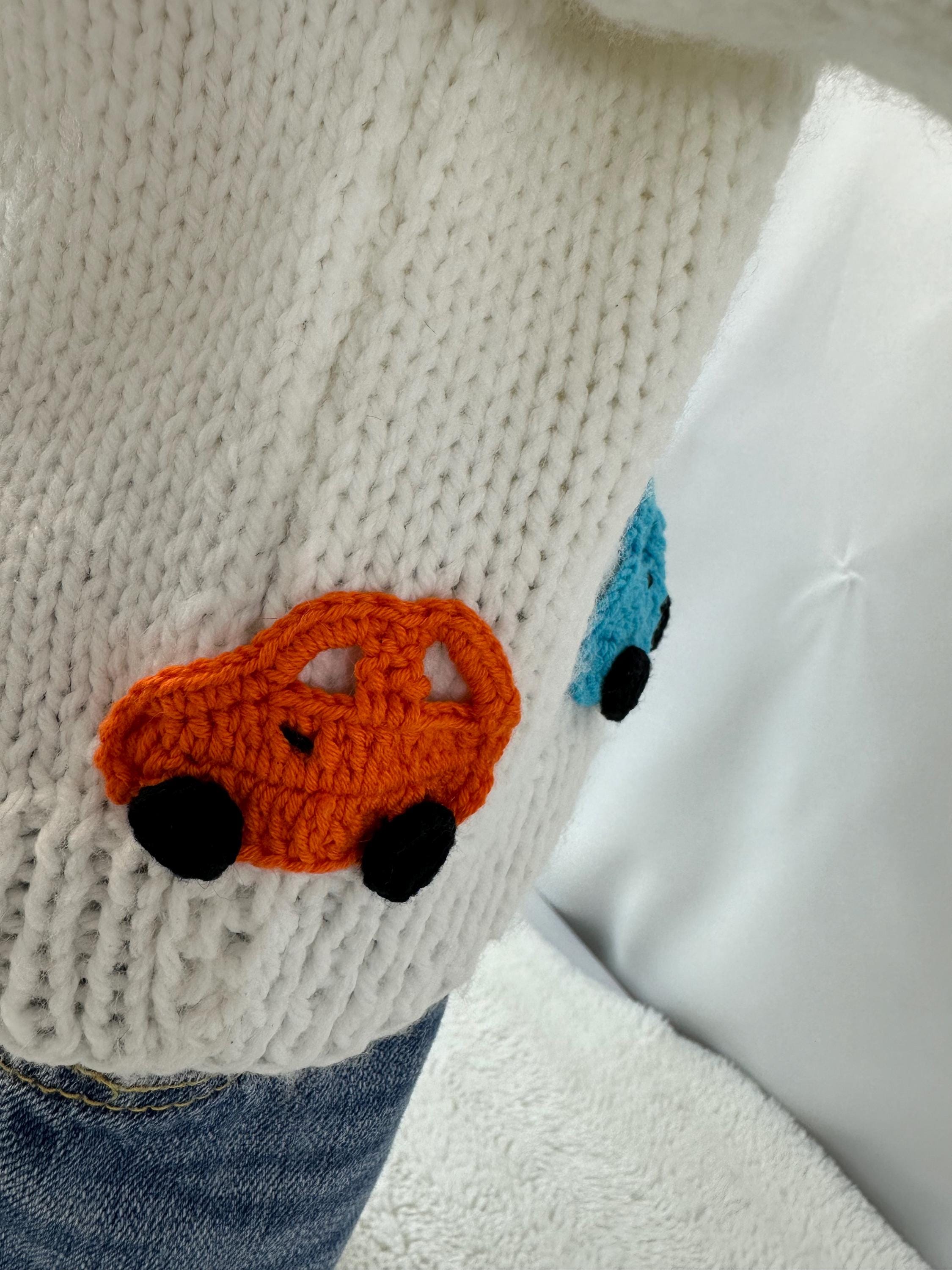 Handmade Knit Baby Cardigan (6-12 Months), Car Appliques