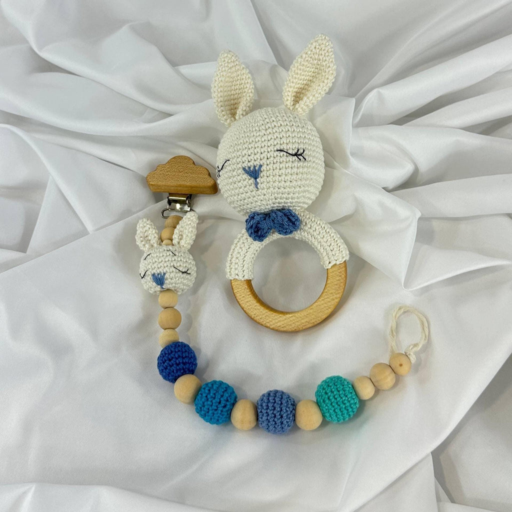 Handmade Crochet Baby Gift Set, Bunny Rattle, Pacifier Clip and Baby Booties