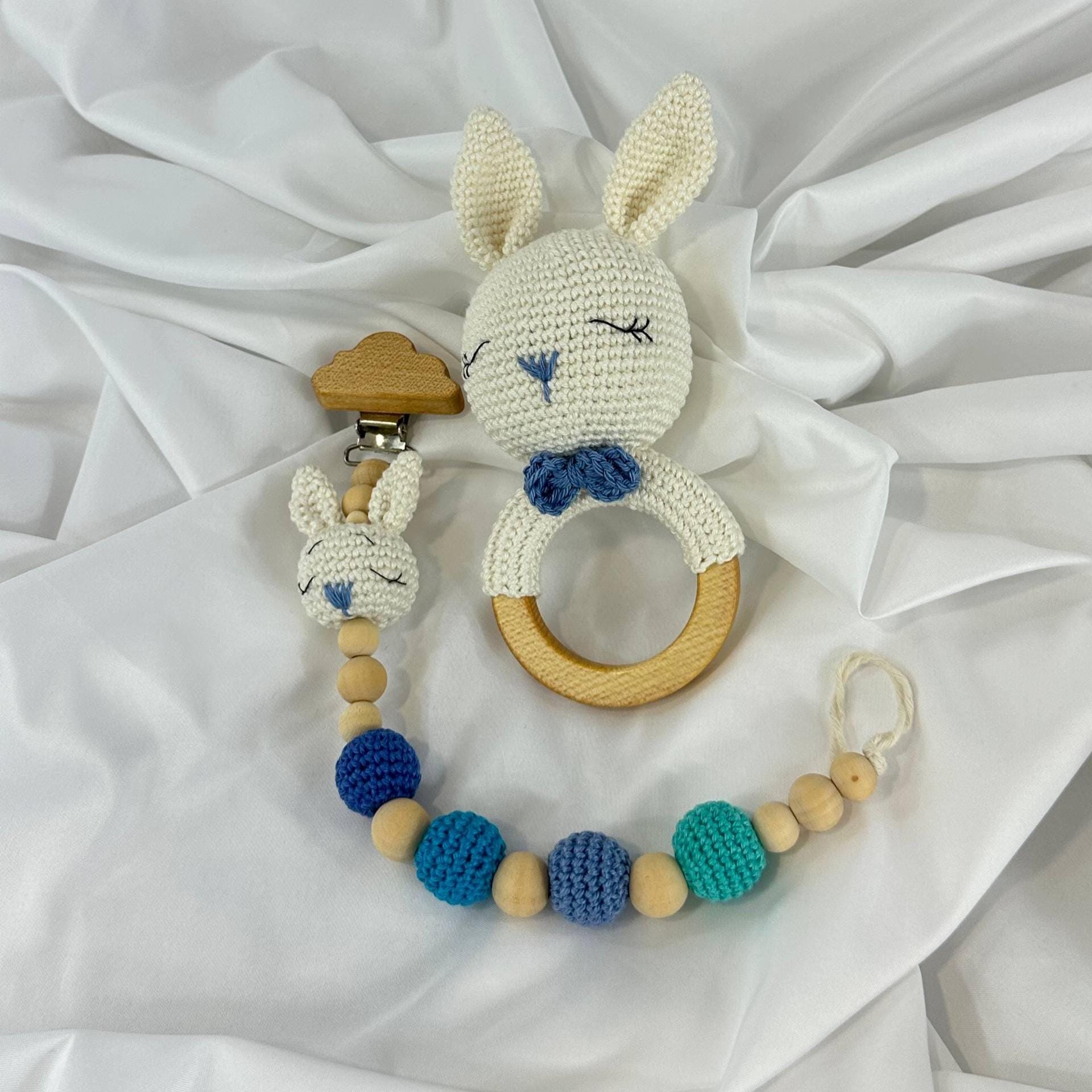 Handmade Crochet Baby Gift Set, Bunny Rattle, Pacifier Clip and Baby Booties