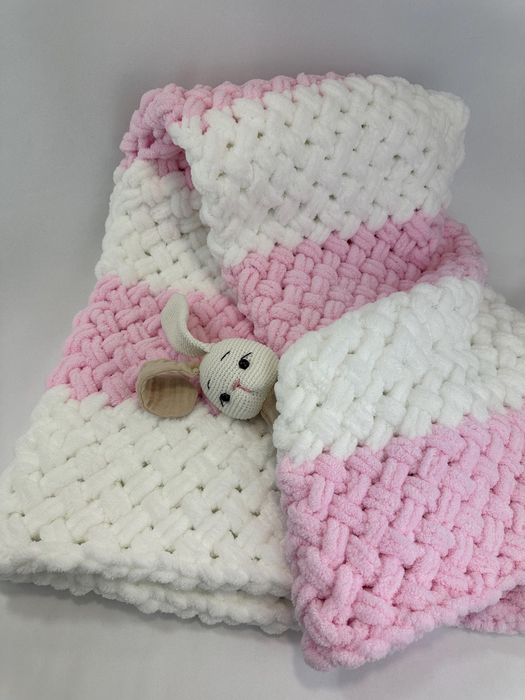 Hand Knitted Chunky Baby Blanket, Pink and White Nursery Decor