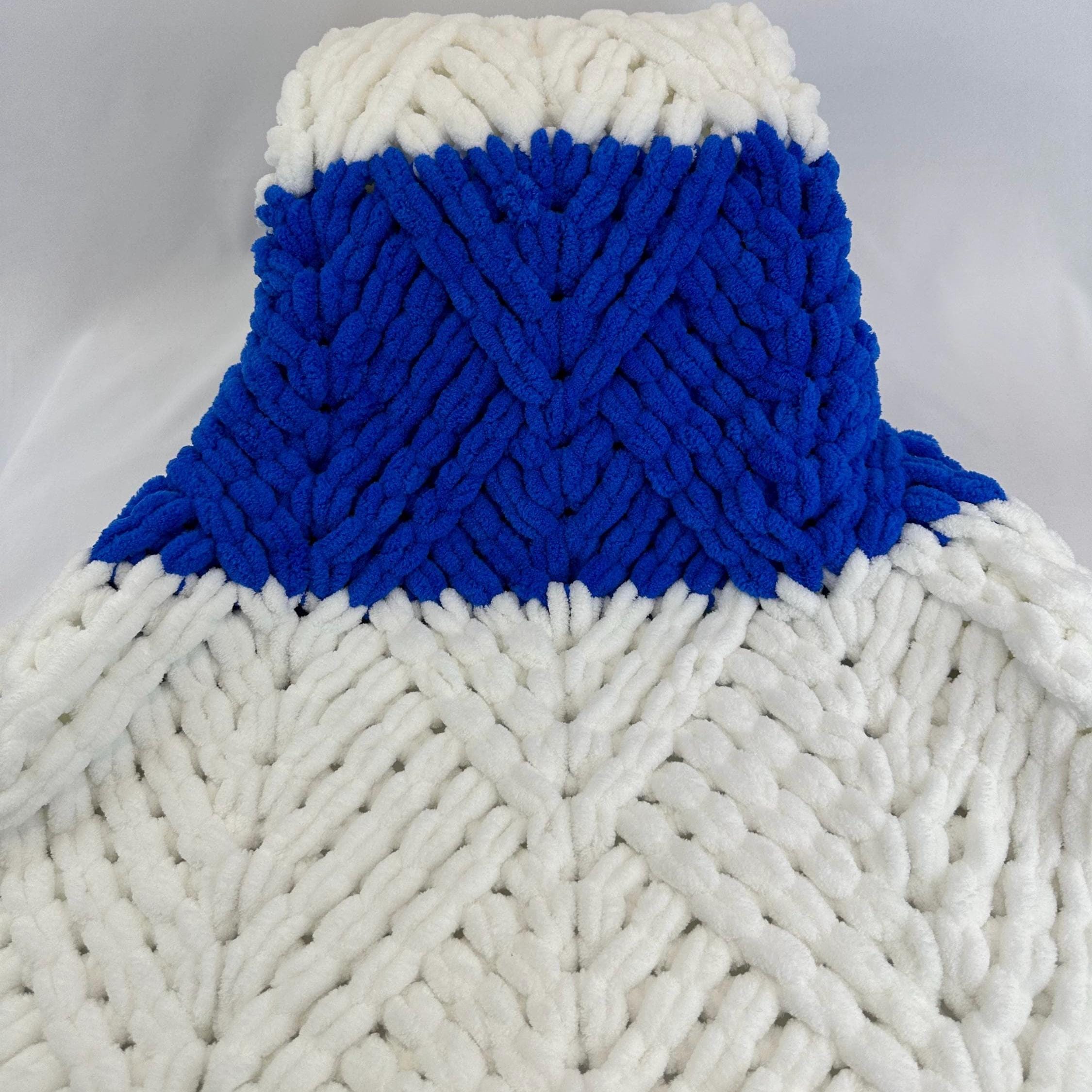 Hand Knitted Chunky Baby Blanket, Blue and White Nursery Decor