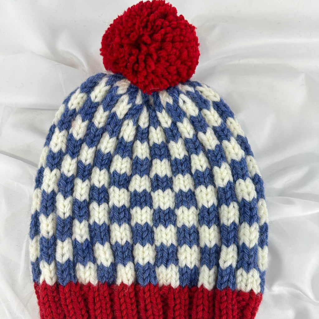 Hand Knitted Red, White, and Blue Pom Pom Beanie, Matching Adult & Kid Hats