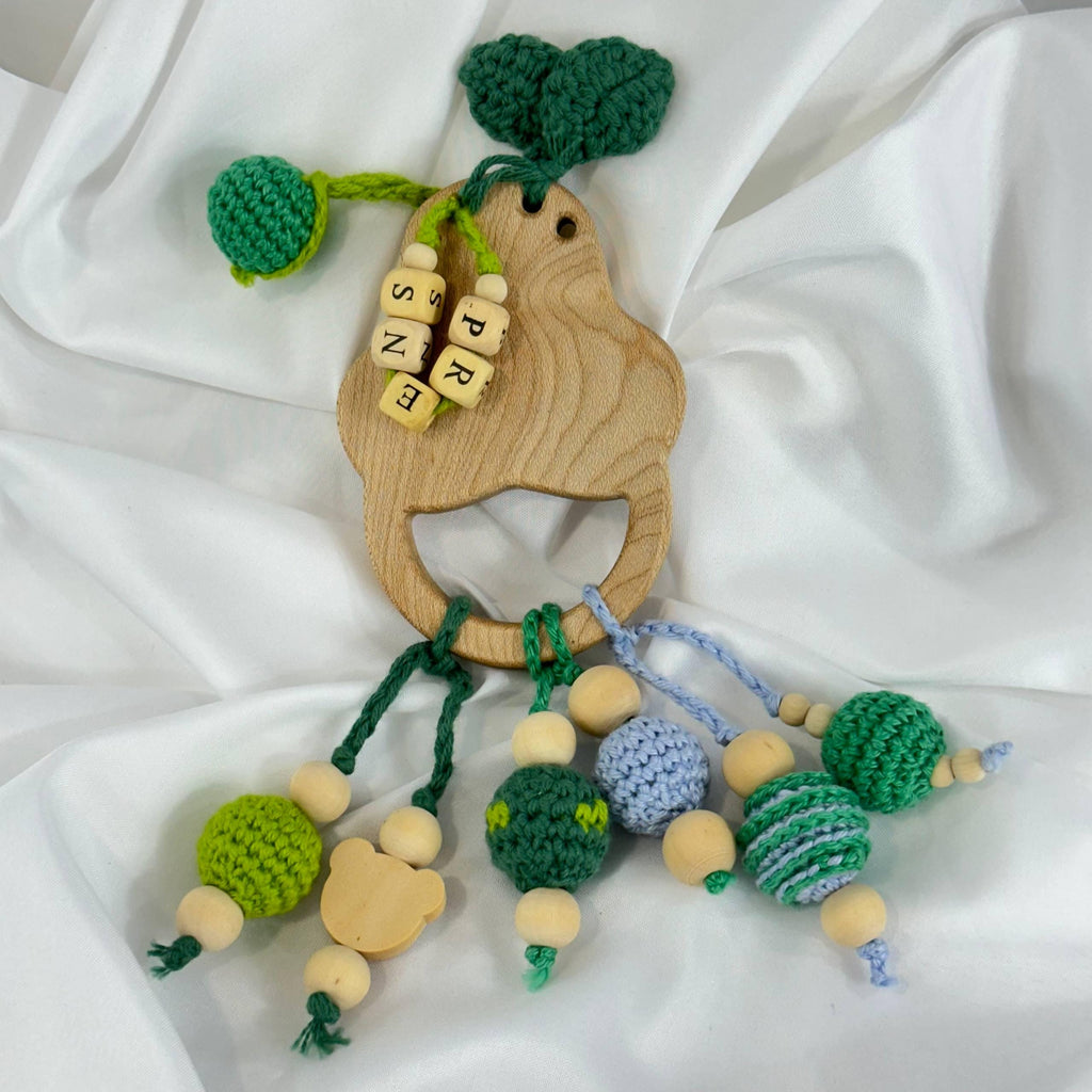 Handmade Crochet Tree Frog Baby Rattle, Wooden Beads and Sensory Toy
