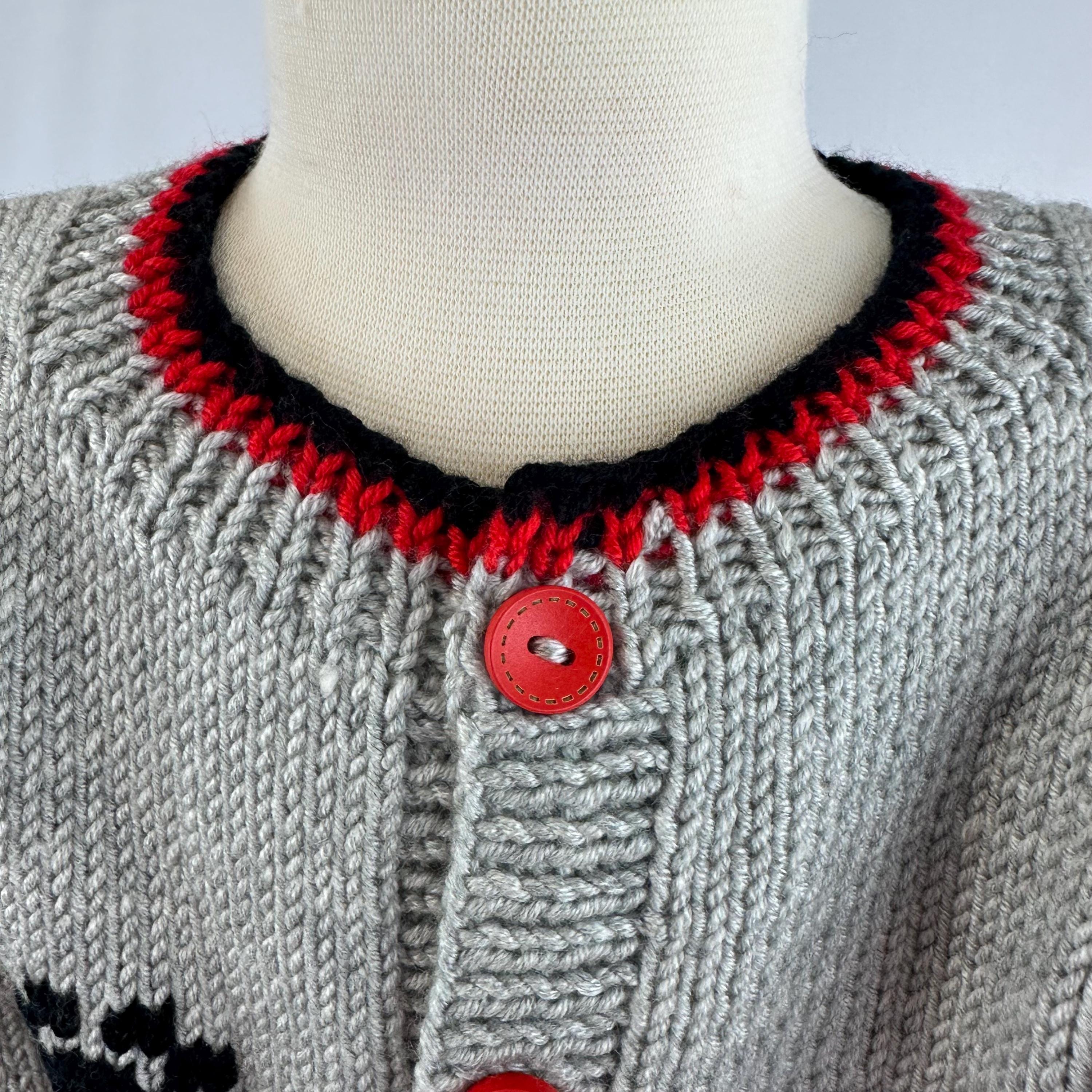 Hand-Knitted Dalmatian Baby Cardigan, Dog Sweater, Grey & Red, 9-18 Month