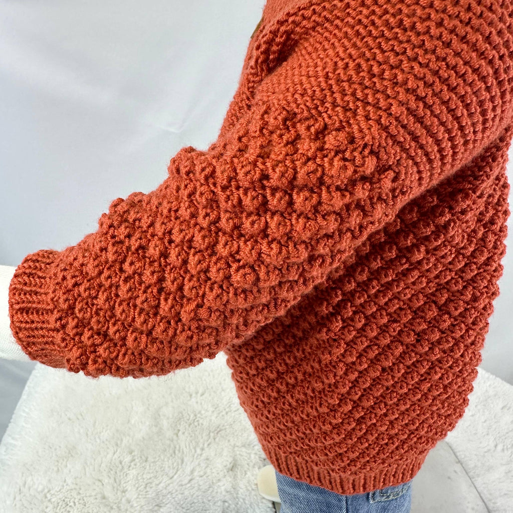 Hand Knit Baby Cardigan, Rust Orange Sweater, Wooden Buttons, 18-24 Month