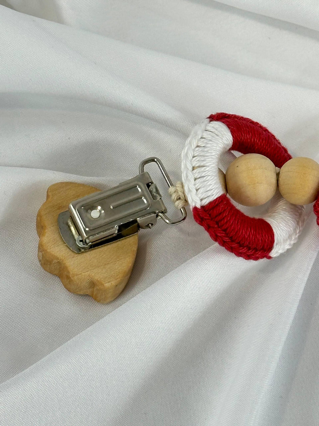 Handmade Crochet Baby Pacifier Clip, Red White Blue Wooden Beads, Sensory Toy for Infants