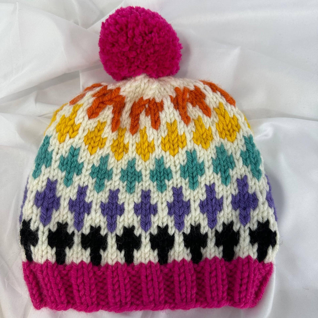 Knitting Colorful Pattern Beanie, Hand knitted Pom Pom Winter Hat