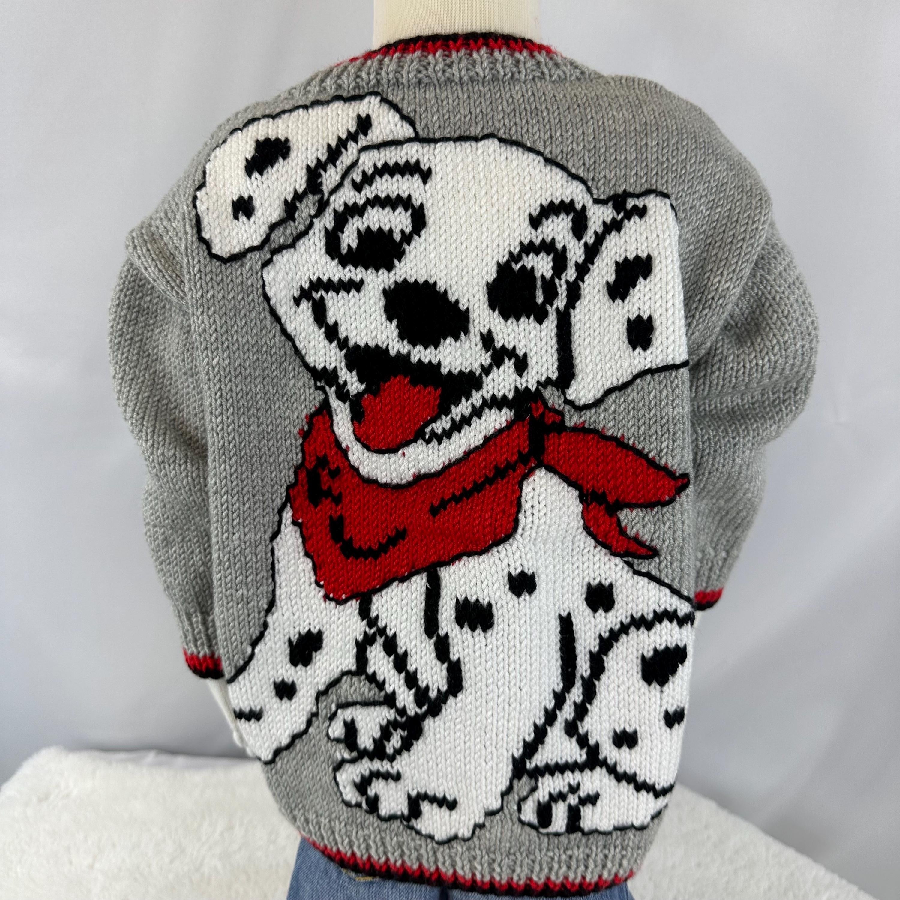 Hand-Knitted Dalmatian Baby Cardigan, Dog Sweater, Grey & Red, 9-18 Month