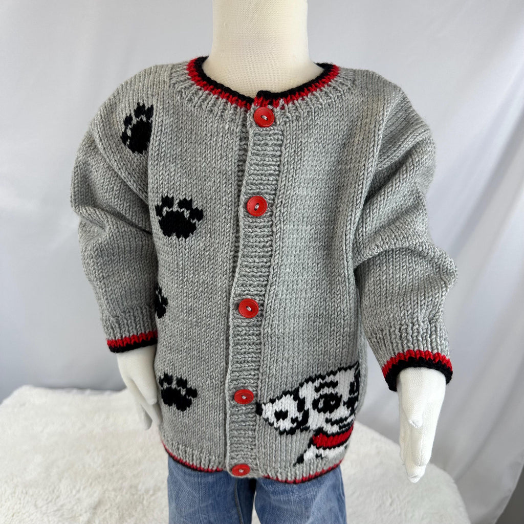 Hand-Knitted Dalmatian Baby Cardigan, Dog Sweater, Grey & Red, 9-18 Month